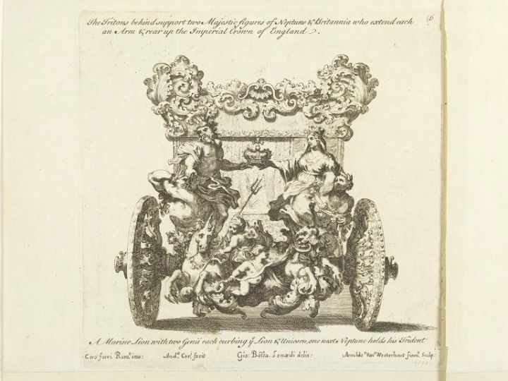 Design for a Carriage Built by Andrea Cornely after a design by Ciro Ferri, engraving published in 'An Account of His Excellence, Roger Earl of Castelmaine's Embassy from His Sacred Majesty James the II King of England, Scotland, France and Ireland &c. To His Holiness Innocent XI' (London, ca. 1687). London: V&A 19393.