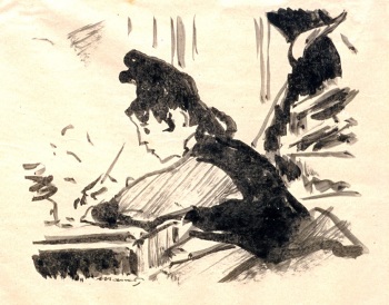 Woman writing at a desk, with her face shown in profile facing the left side.